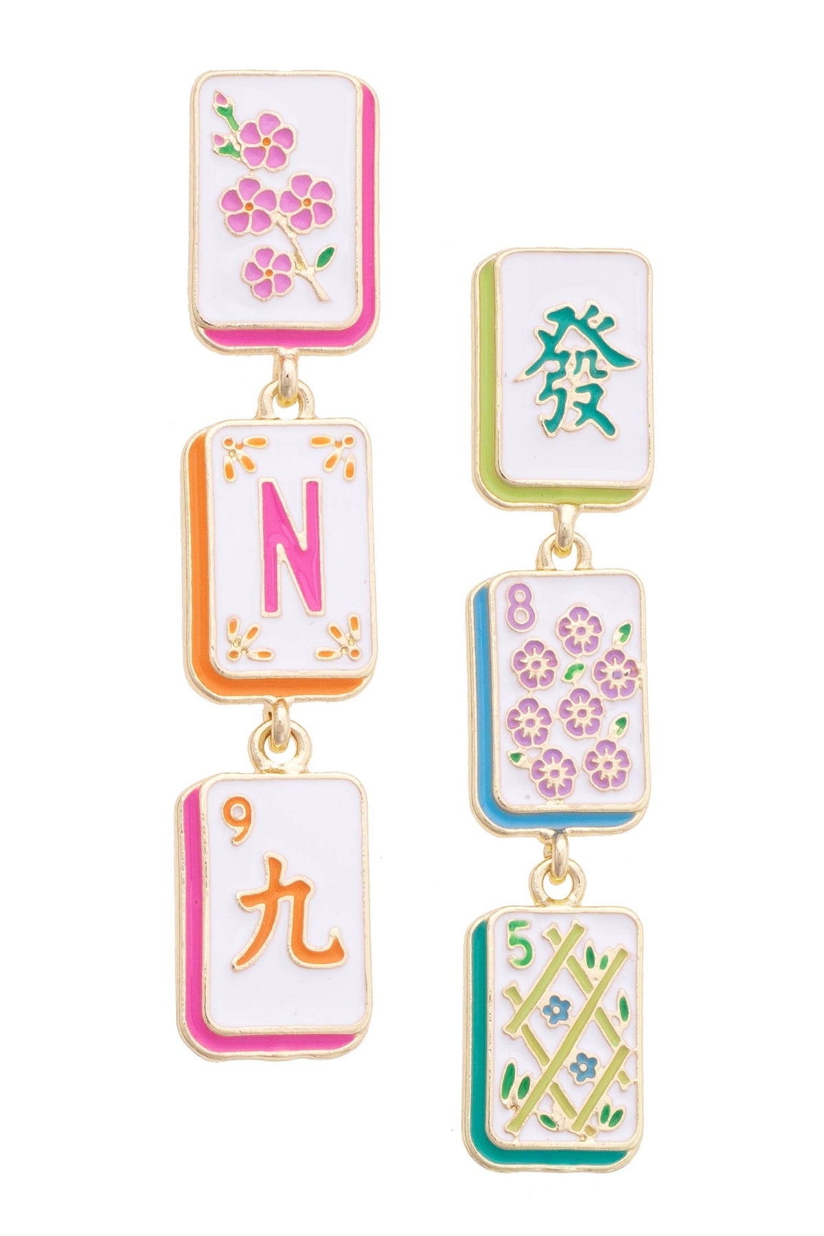Pastel multi linked tile drop earrings with floral and character-style charms