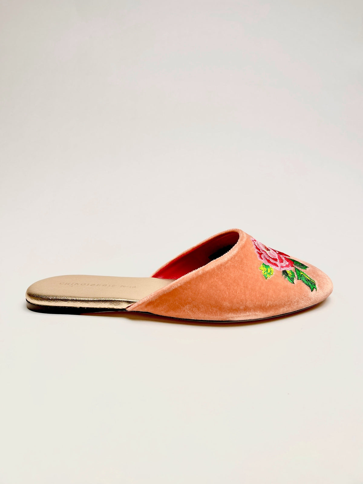 Peach velvet mules with red peony embroidery and low flat heel