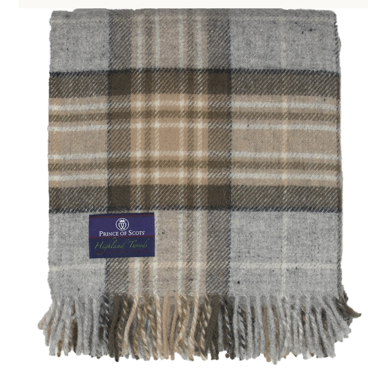 Plaid wool throw with fringed bottom and small sewn label, gray and tan