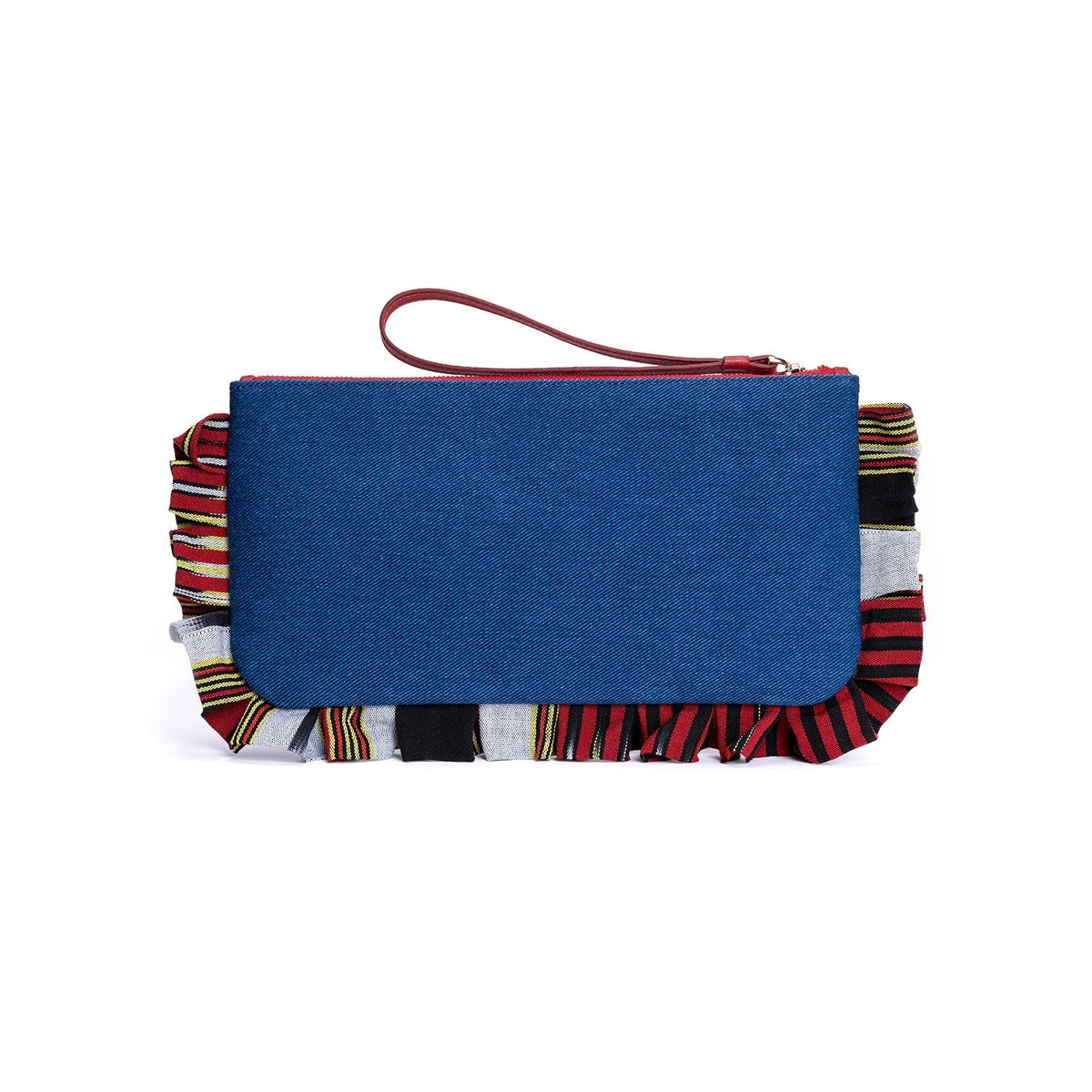 Blue denim clutch with red wrist strap, rectangular flap, striped trim visible