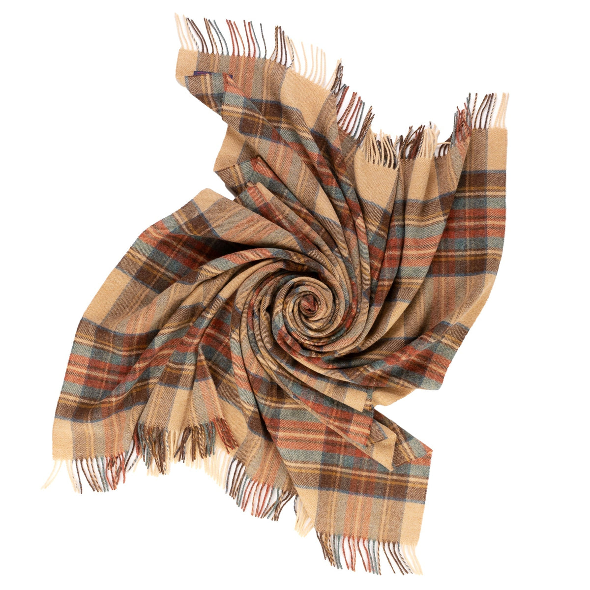 Rolled plaid lambswool throw with fringed ends, tan, blue, brown and rust blocks.