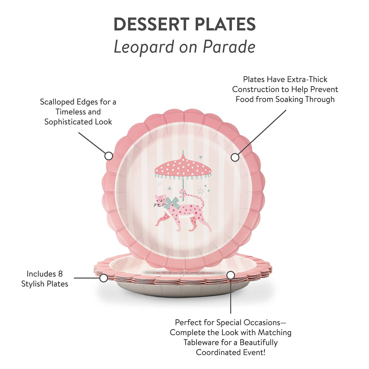 Stack of 8 scalloped pink dessert plates with carousel leopard design