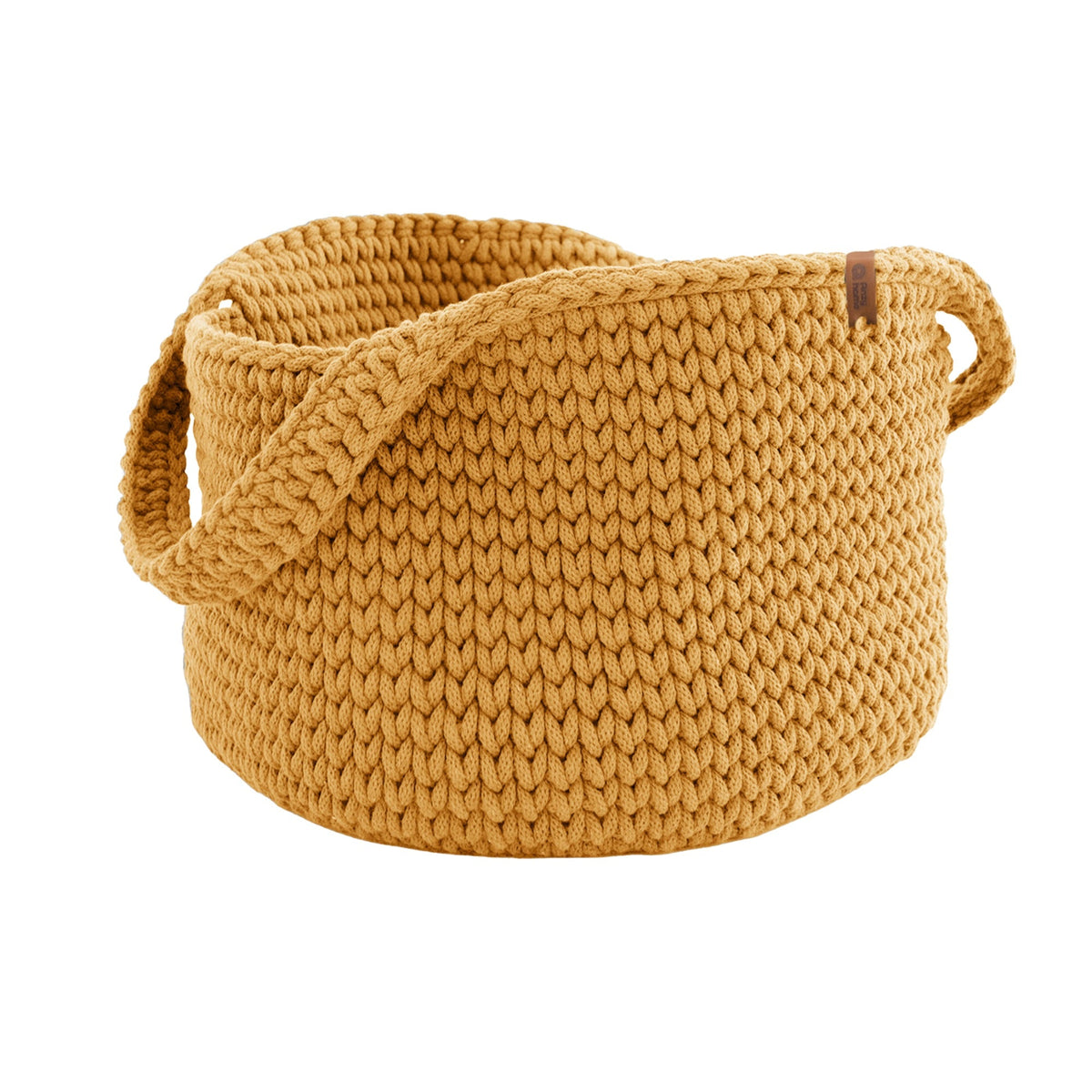 Round knit storage basket with handles, warm golden mustard