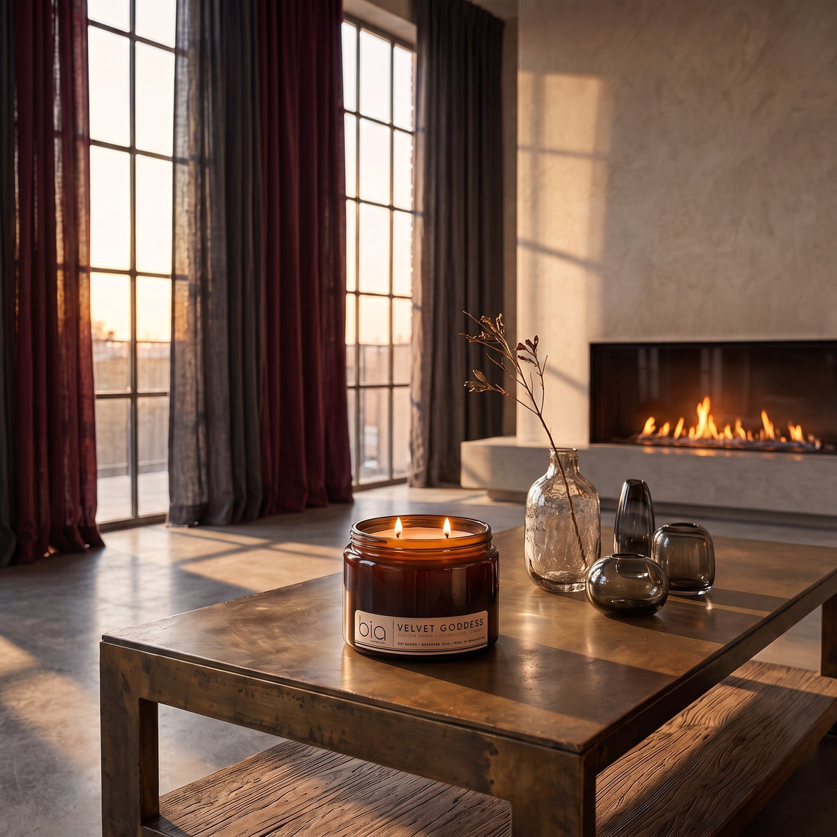 Lit amber glass candle jar on a table near a fireplace and window curtains
