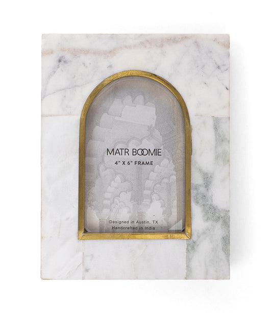 4x6 arched white marble picture frame with gold brass inlay