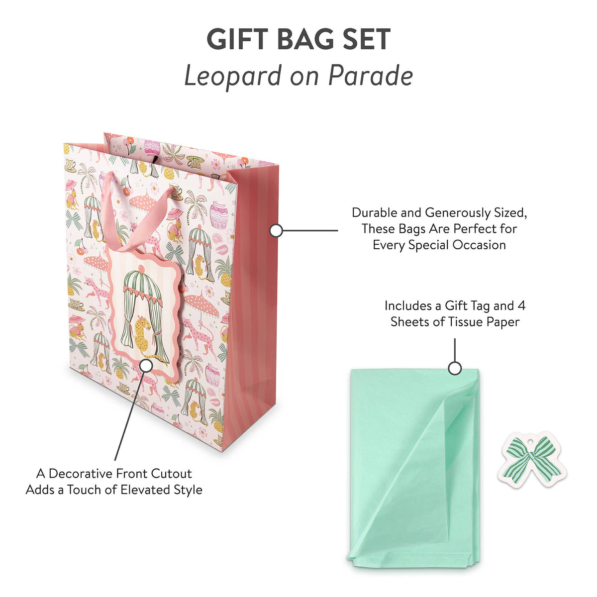 Gift bag set includes gift tag and four sheets of mint tissue paper