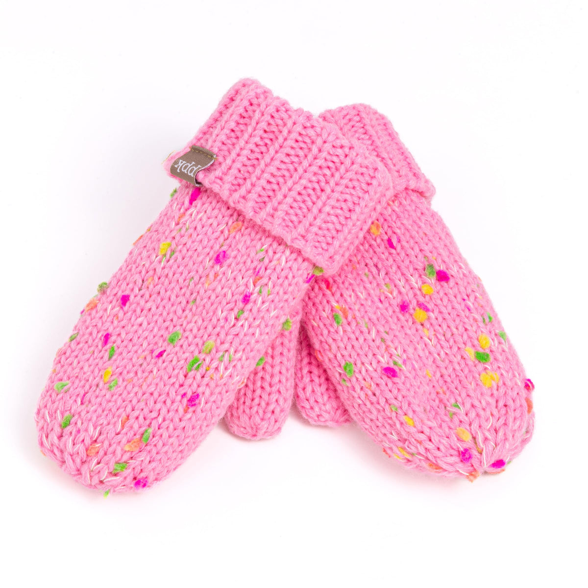 Pink speckled knit mittens with folded ribbed cuffs
