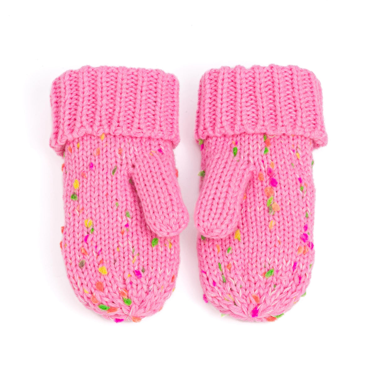 Pair of pink speckled knit mittens shown from the front