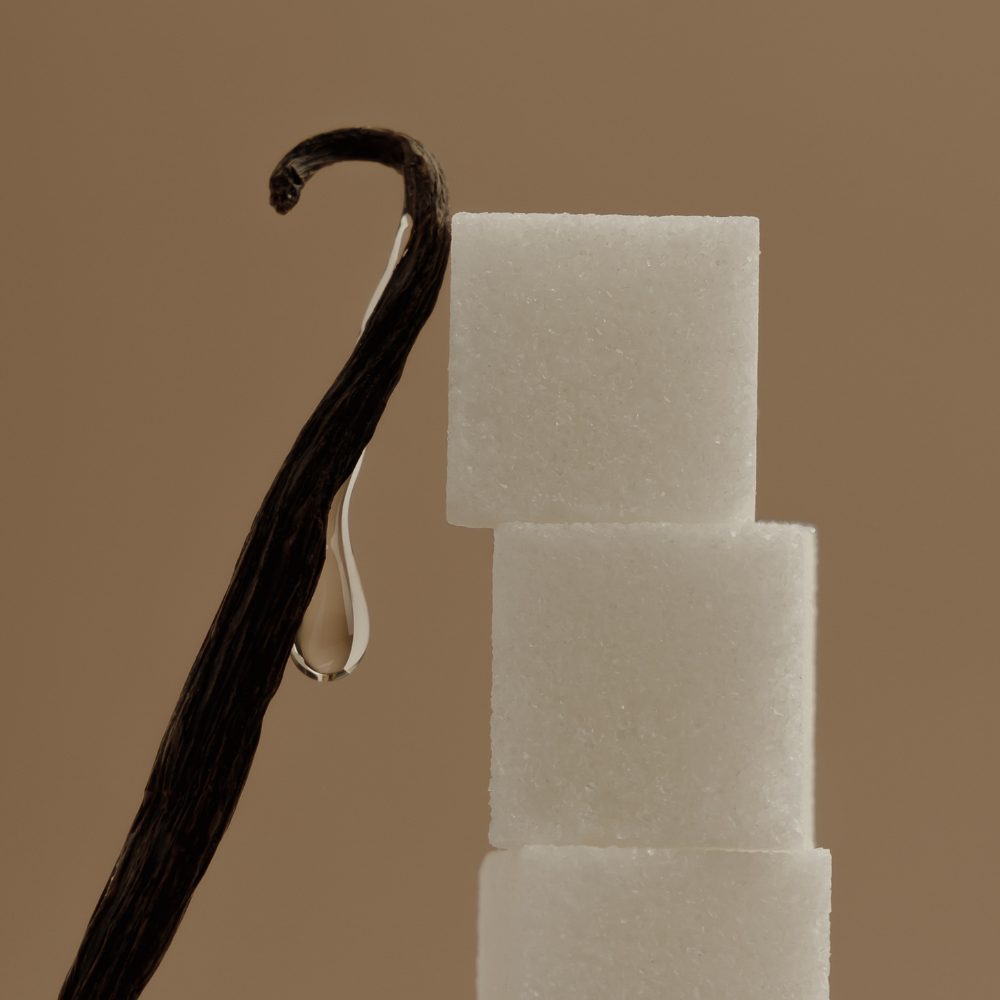 Vanilla pod beside three stacked white wax cubes, ritual spray ingredient detail.