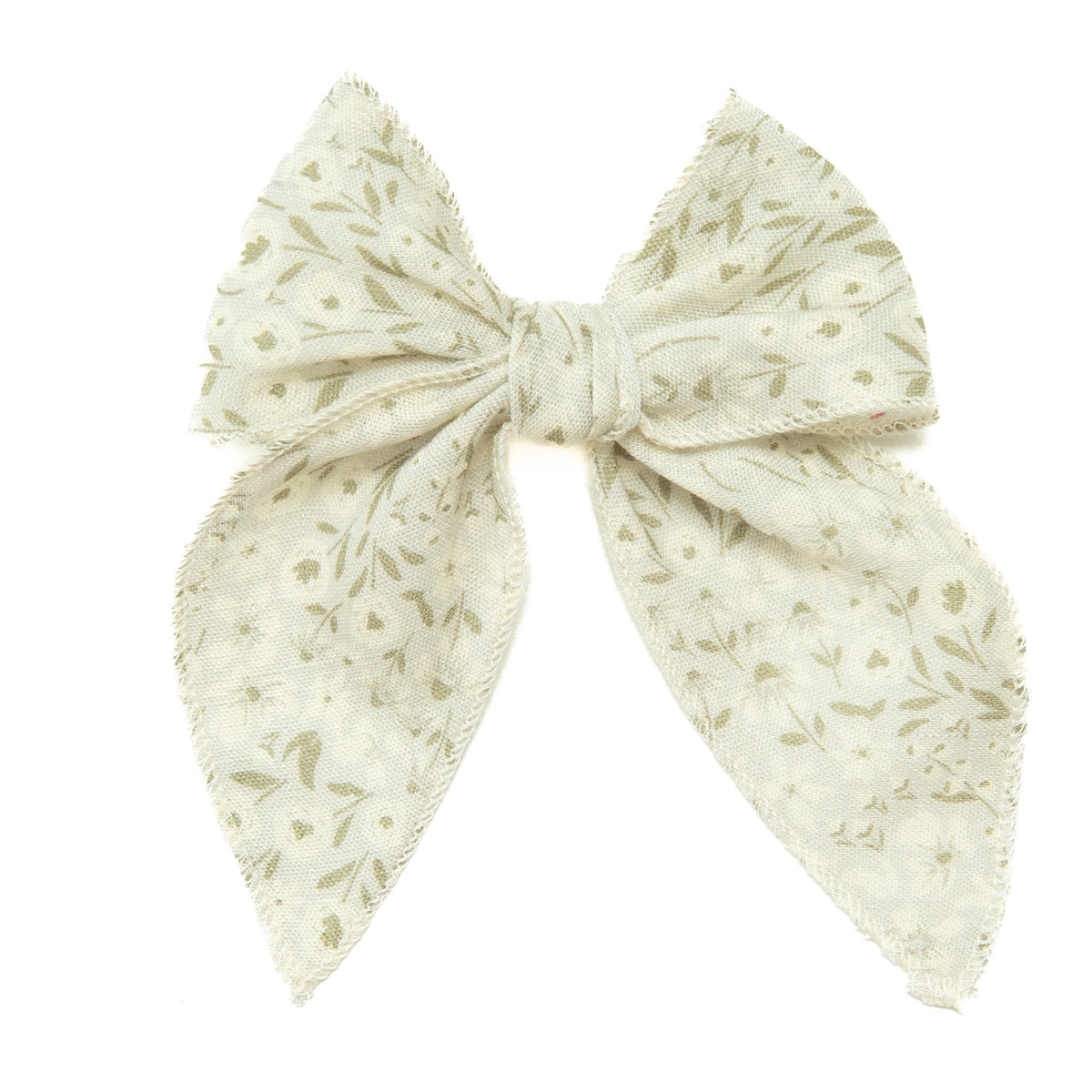 Eden Darling hair bow, off-white with green leaf print fabric bow