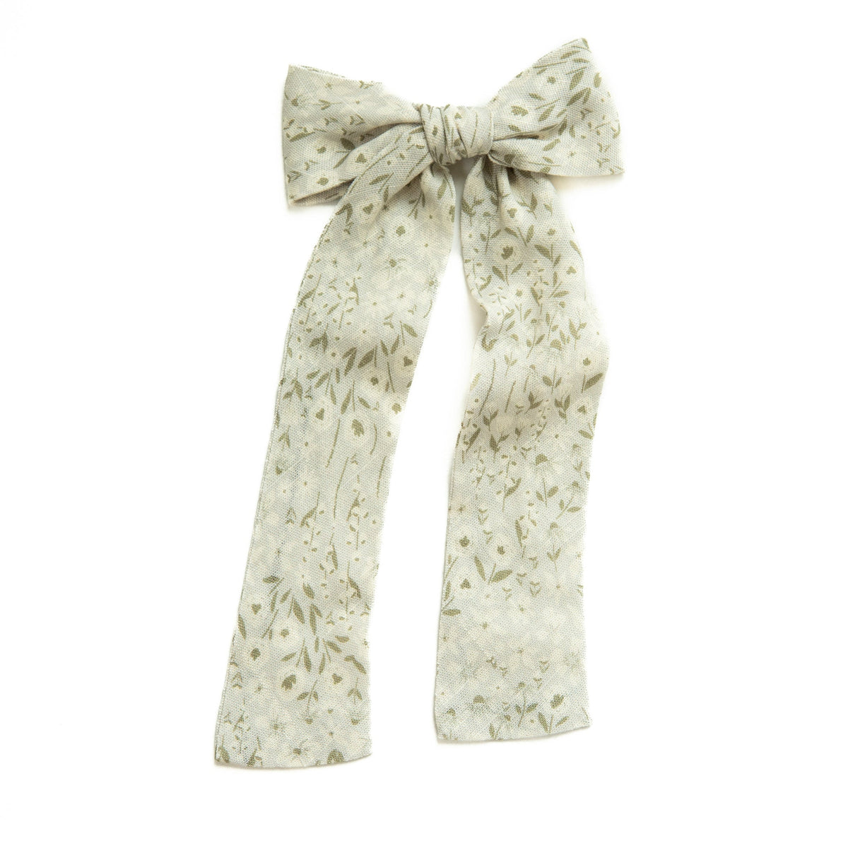 Eden lady hair bow, pale cream with green botanical print and long fabric streamers