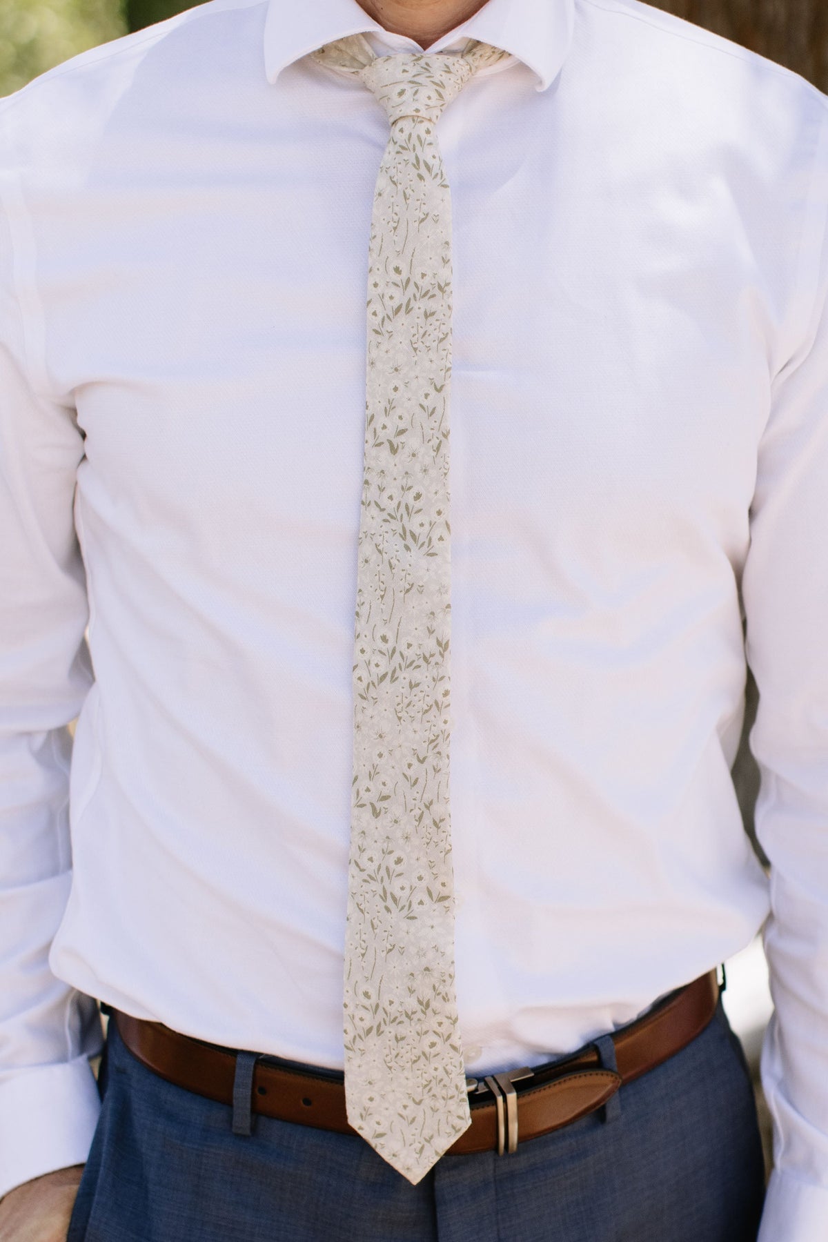 Eden men's tie, light cream with small green botanical print