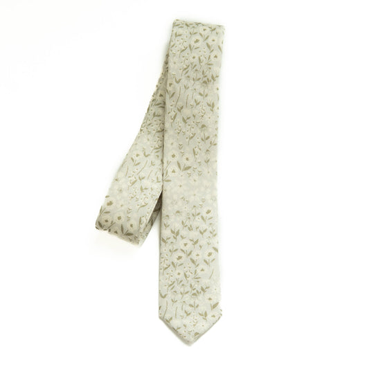Youth tie, light ivory with small green botanical pattern