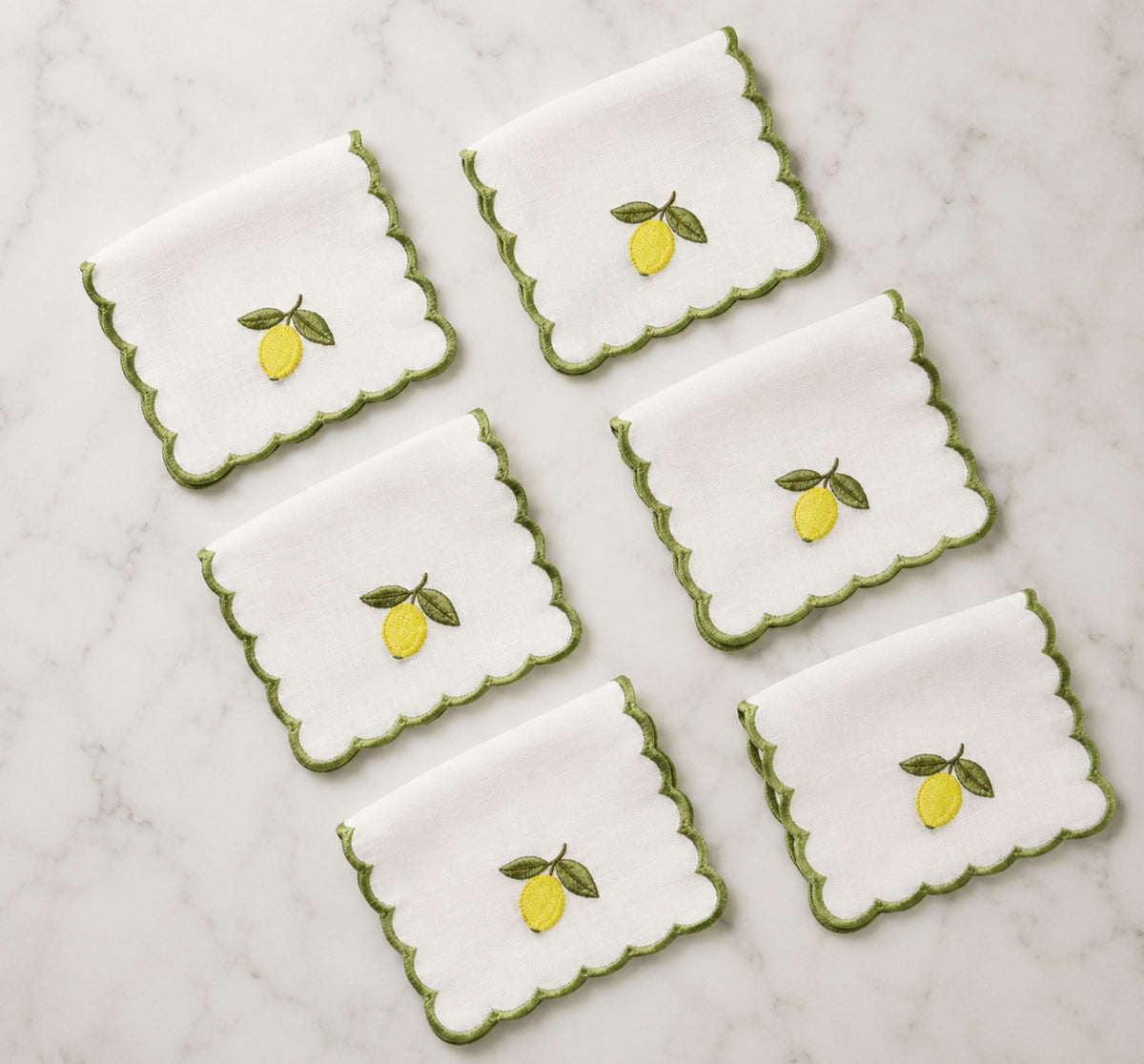 Set of 6 embroidered cocktail napkins, white scalloped edges with green lemon motif