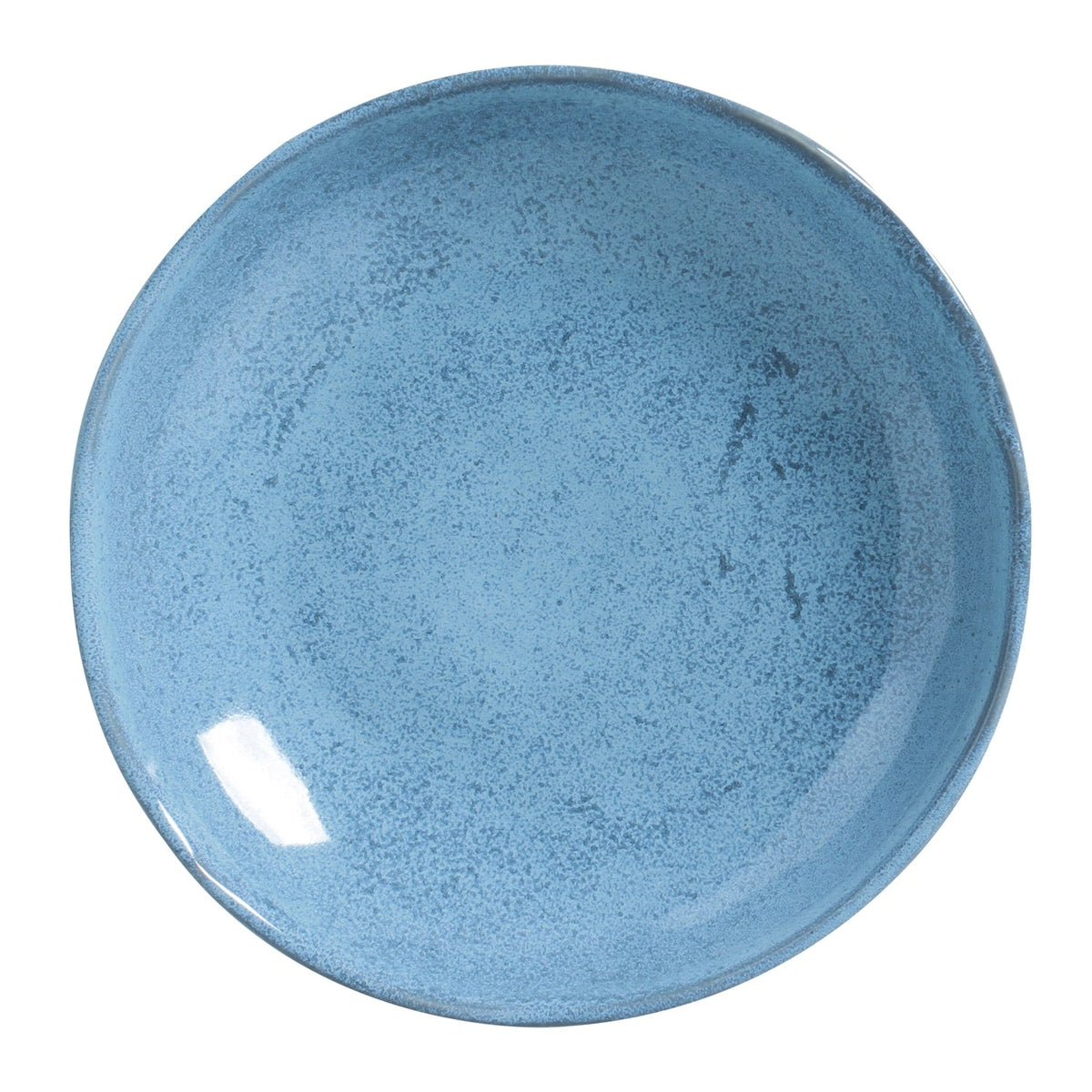 Blue speckled round pasta plate, shallow bowl with reactive glaze finish.
