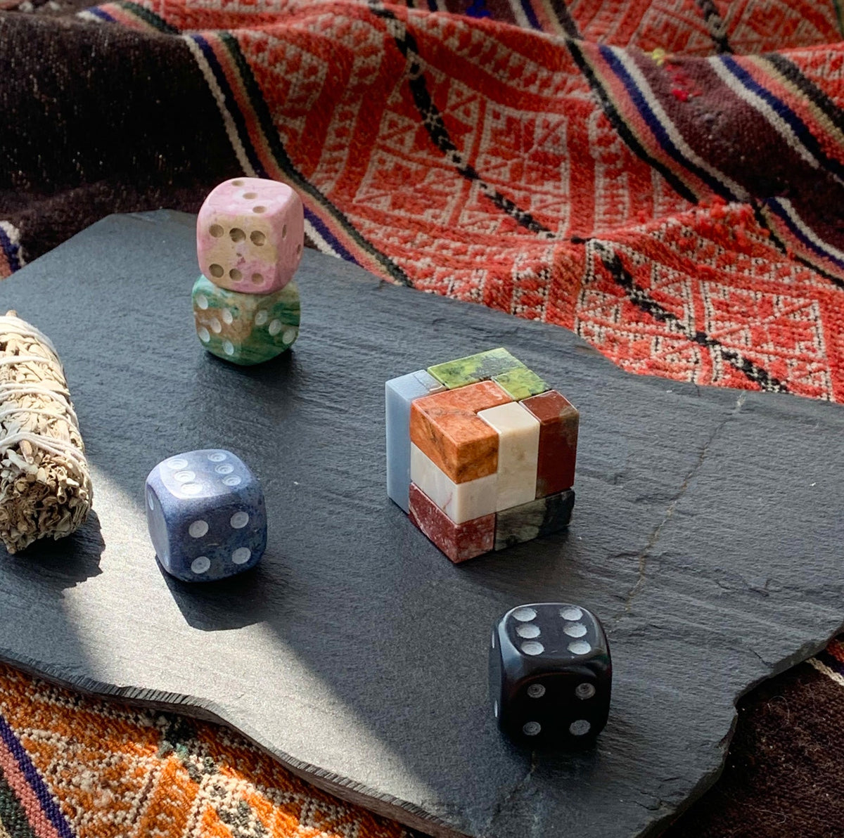 Gemstone Soma cube puzzle set of multicolor stone blocks