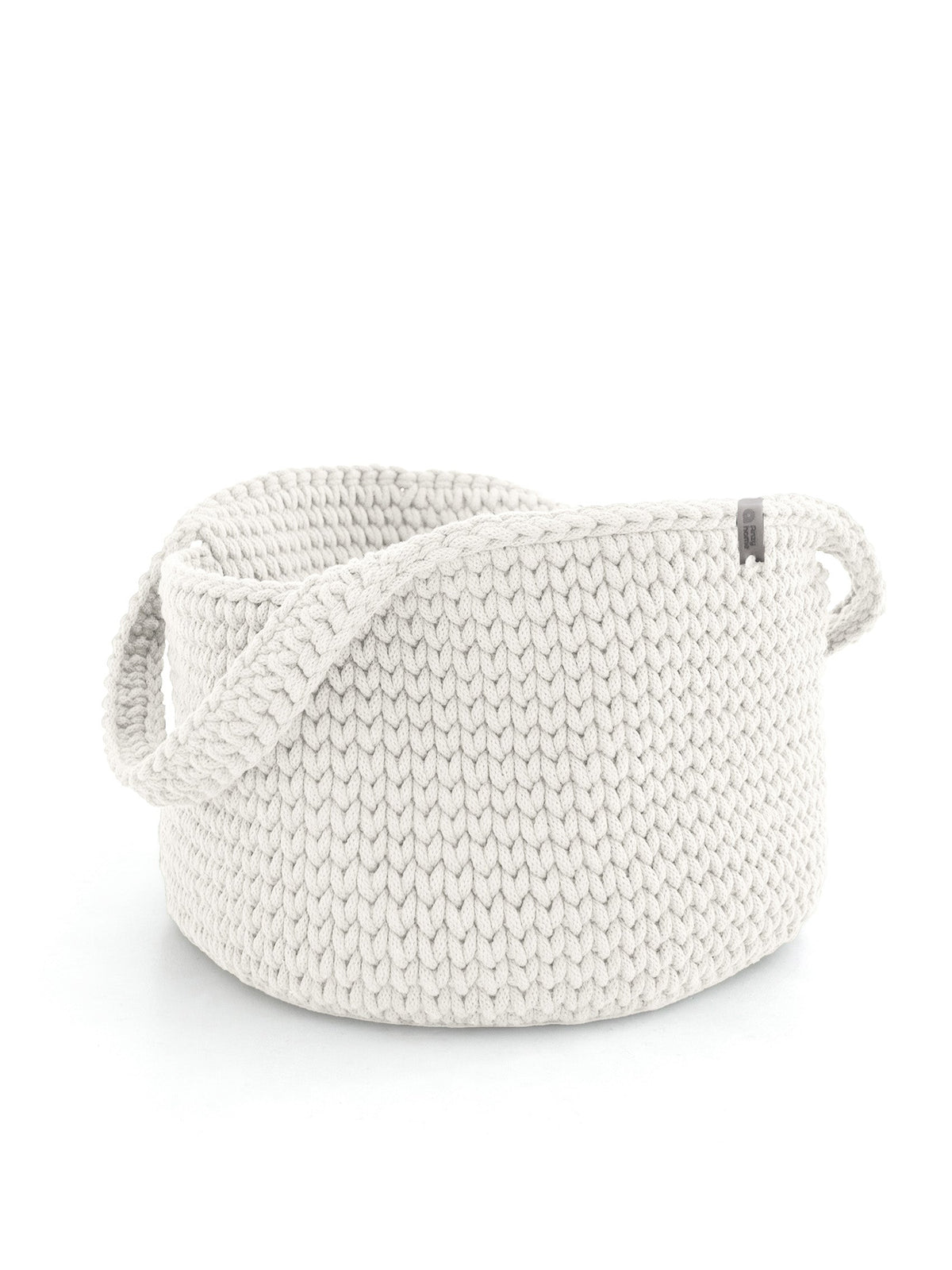 Off-white round rope basket with handles, knitted texture