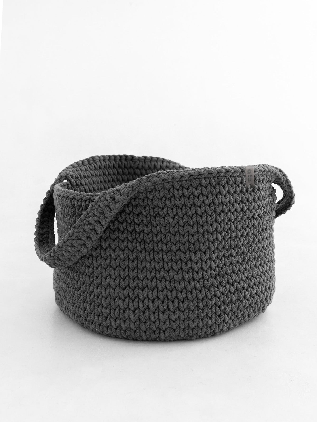 Charcoal gray round rope basket with handles, chunky rope knit