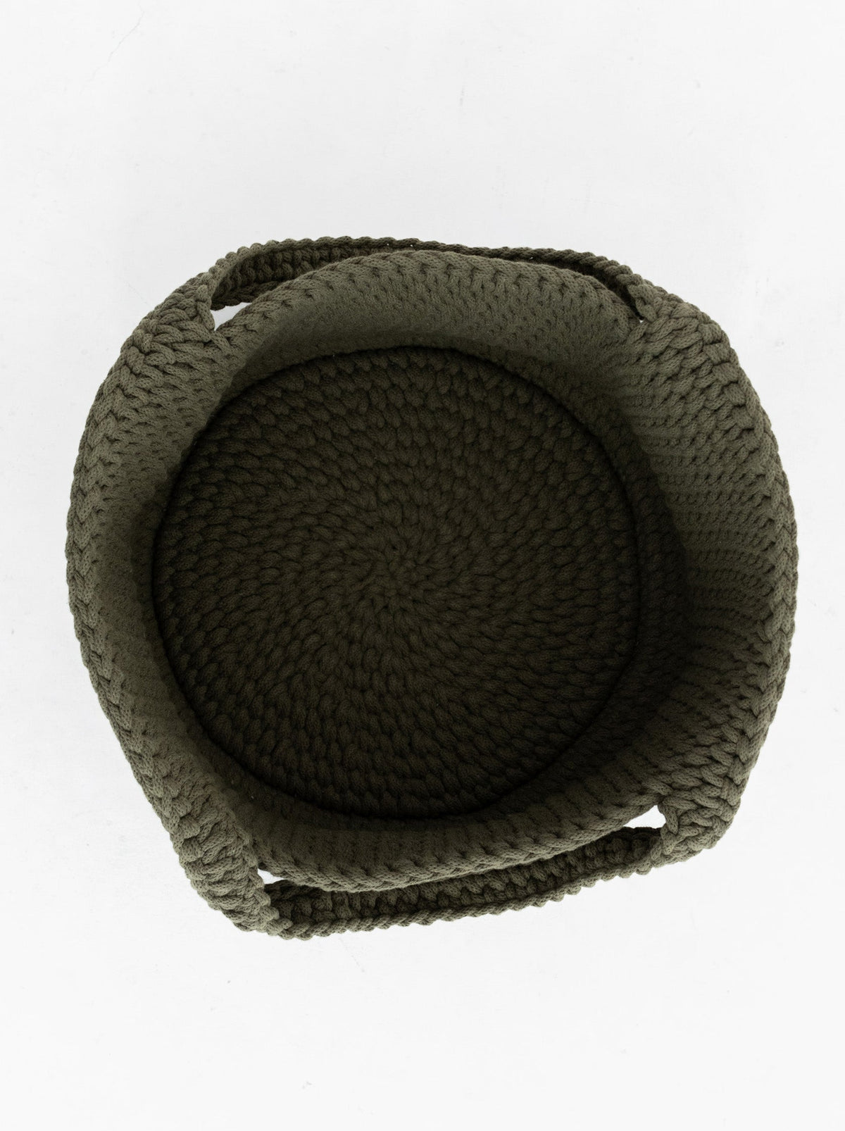 Round woven basket with handles, dark olive interior view.