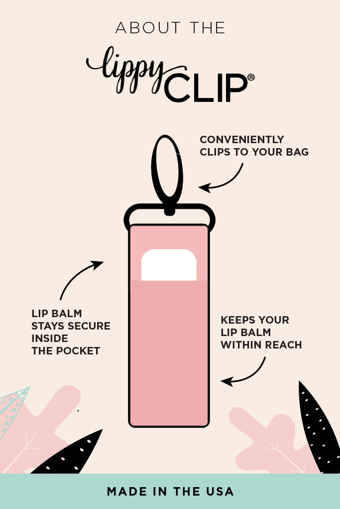 Lip balm holder product card with illustrated clip and balm in pocket graphic