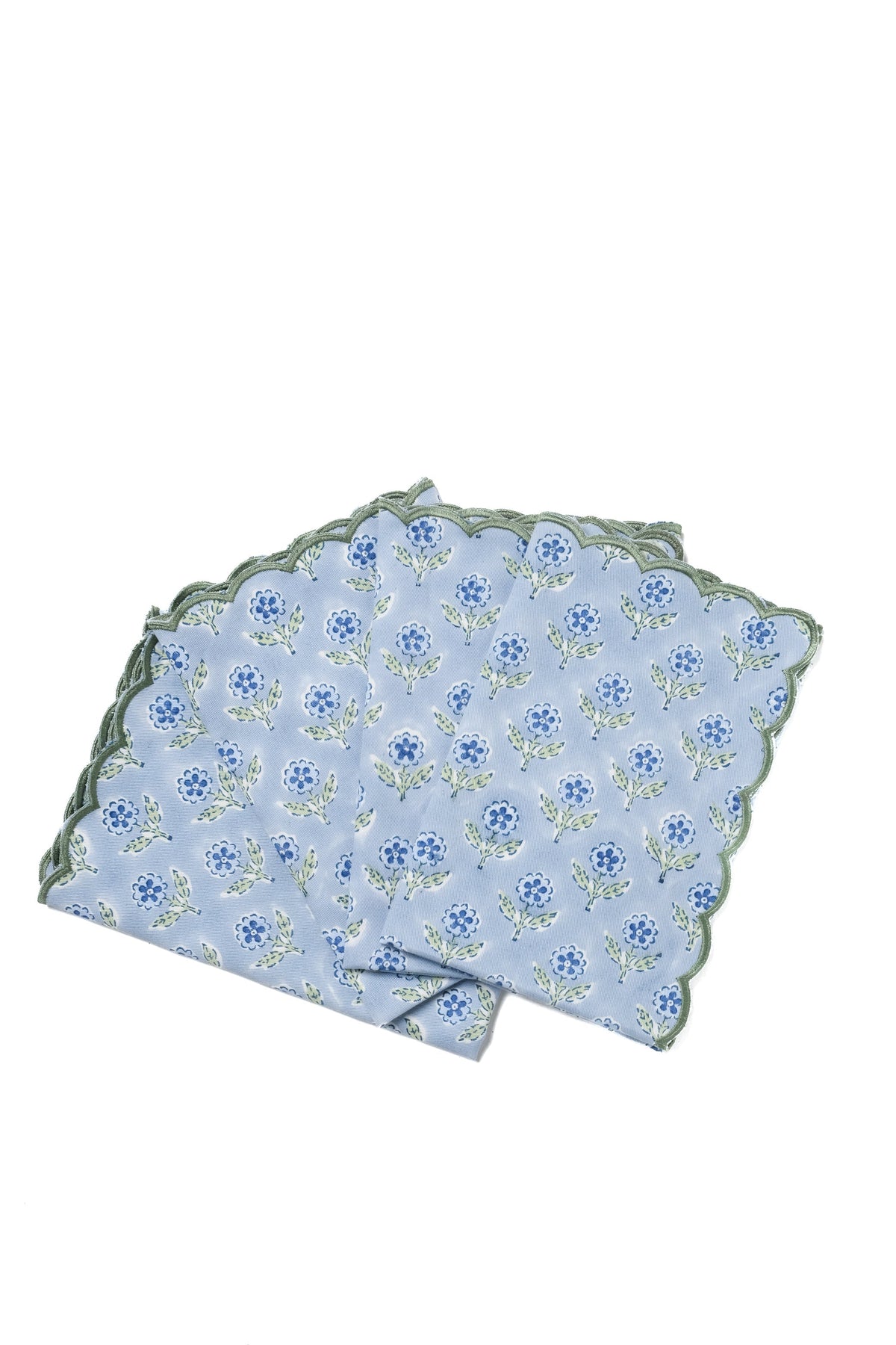 Blue scallop-edge blockprint napkin with embroidered floral medallion pattern, set of 4