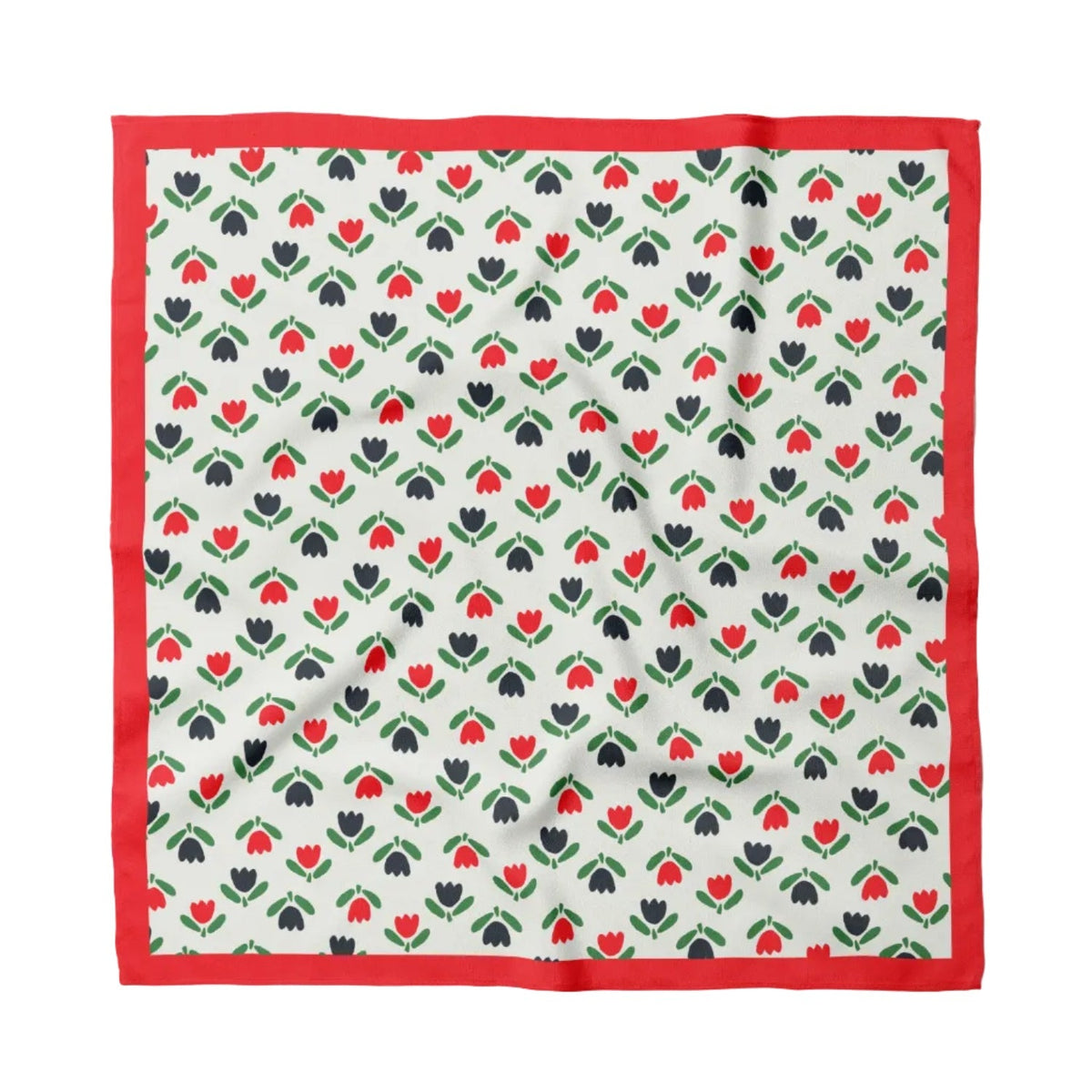 Cotton bandana with white tulip pattern and red border, folded flat