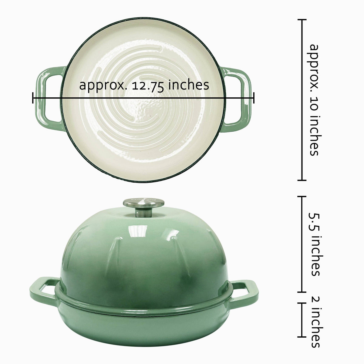 Green cast iron cloche with dome lid and twin loop handles, round base