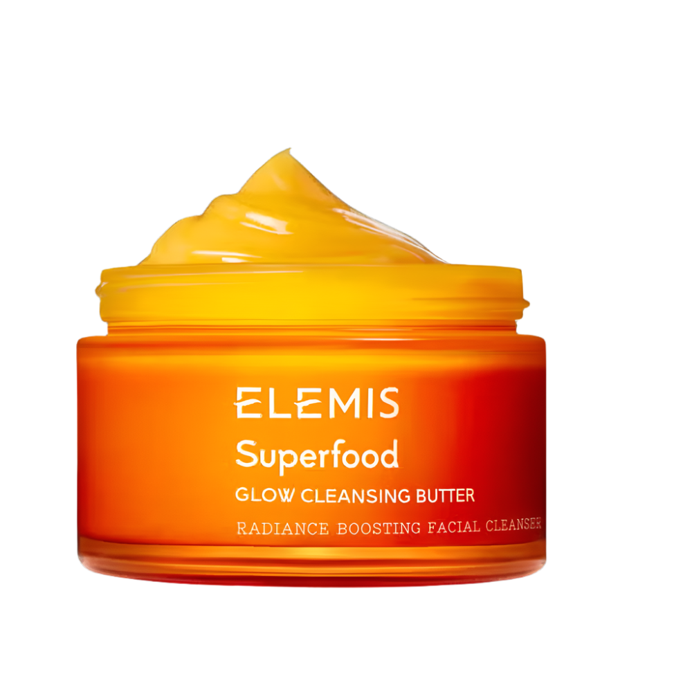 Elemis cleansing butter jar, orange amber color with yellow lid and front label
