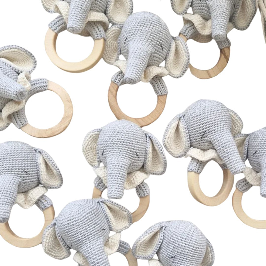 Elephant baby rattle set with knit gray elephants and light wood teether rings