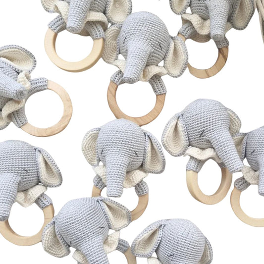 Elephant baby rattle set with knit gray elephants and light wood teether rings