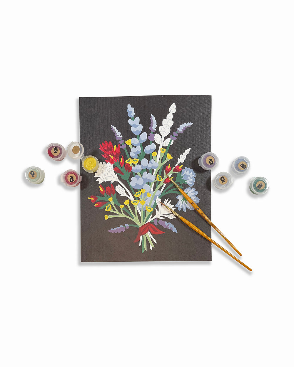 Paint-by-number wildflower canvas with color pots and two paint brushes