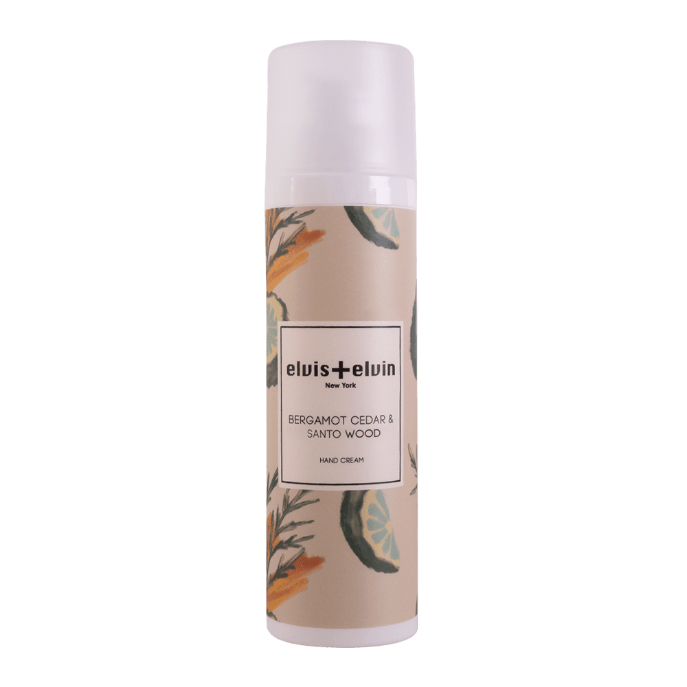 elvis+elvin hand cream in tall bottle with light cap and printed scent label