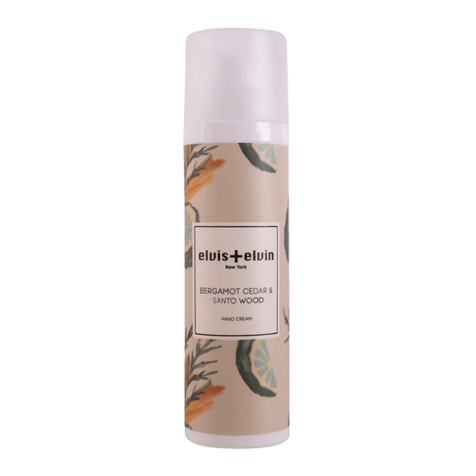 elvis+elvin hand cream in tall bottle with light cap and printed scent label