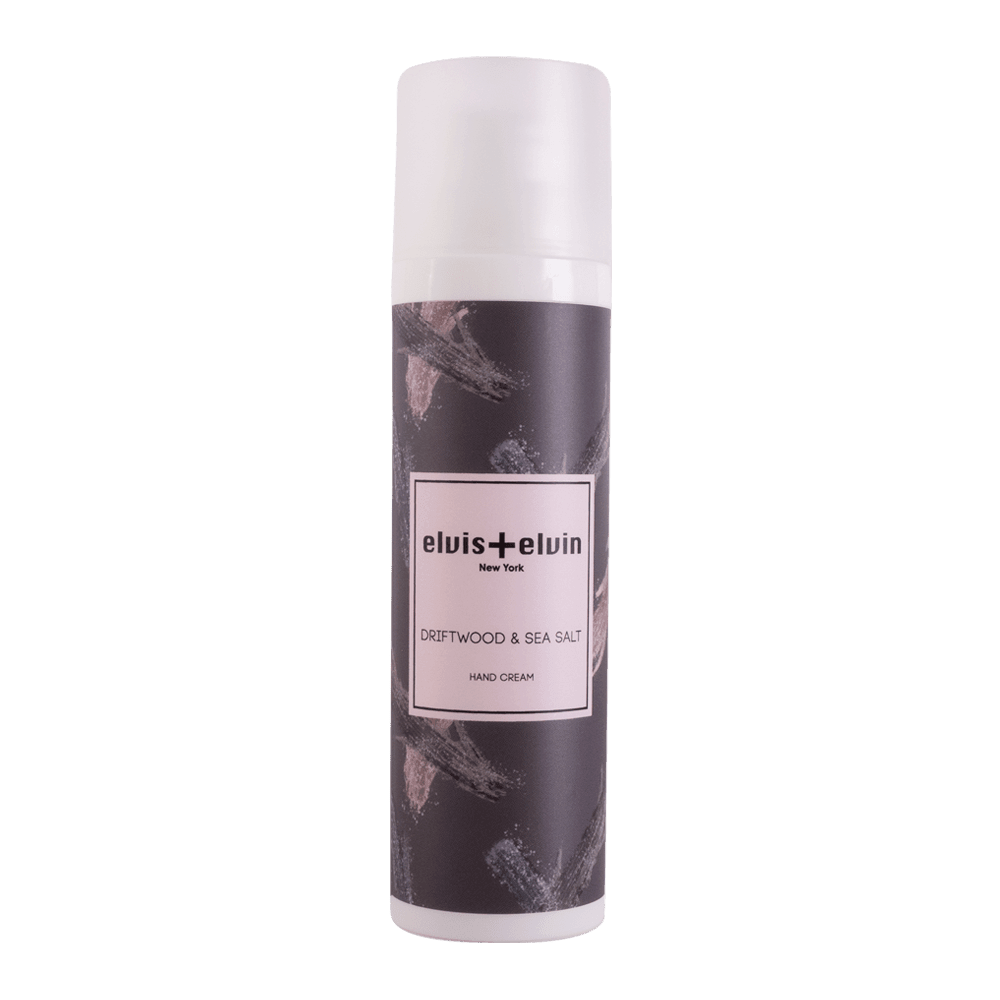 elvis+elvin hand cream bottle, Driftwood & Sea Salt label, white cap