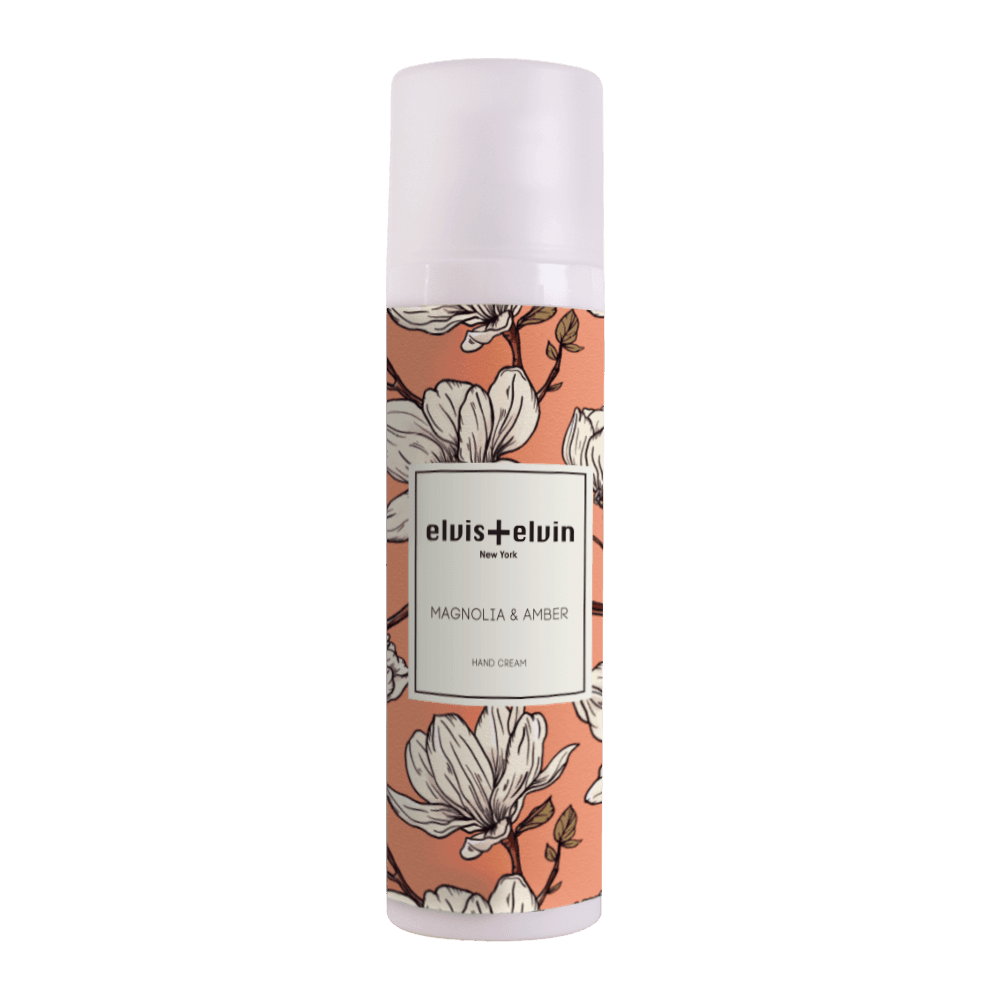 elvis+elvin hand cream bottle with magnolia and amber floral label