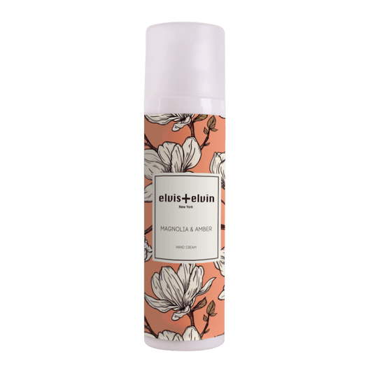 elvis+elvin hand cream bottle with magnolia and amber floral label
