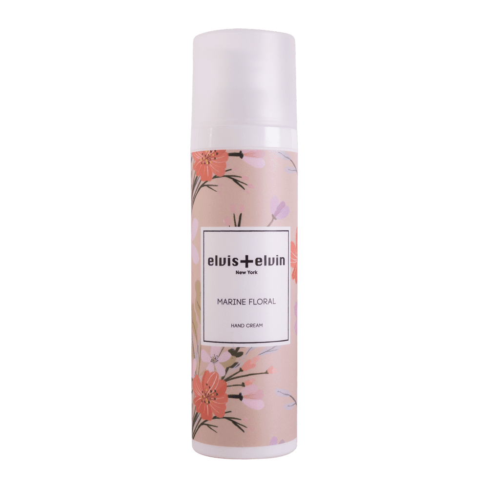 Marine floral hand cream bottle with floral print, white cap, elvis+elvin label