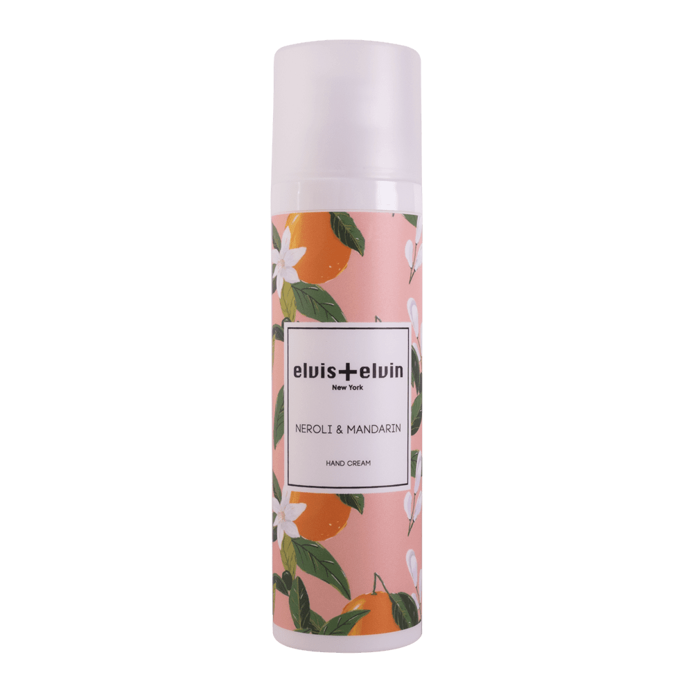 Hand cream bottle with floral citrus print and white cap, elvis+elvin Neroli & Mandarin