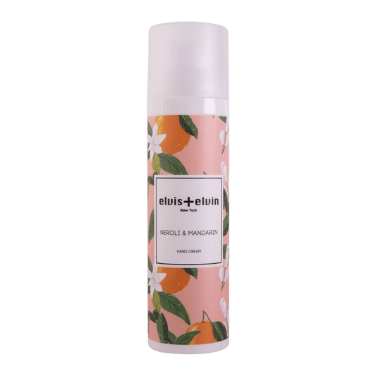 Hand cream bottle with floral citrus print and white cap, elvis+elvin Neroli & Mandarin