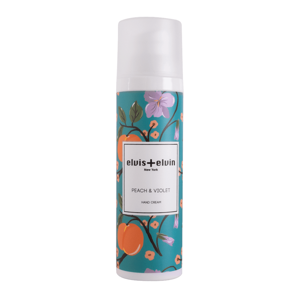 Fragrance hand cream bottle with teal floral Peach & Violet label, elvis+elvin