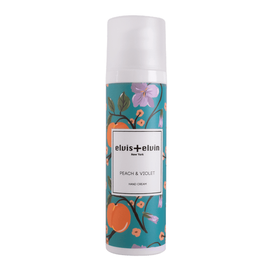 Fragrance hand cream bottle with teal floral Peach & Violet label, elvis+elvin