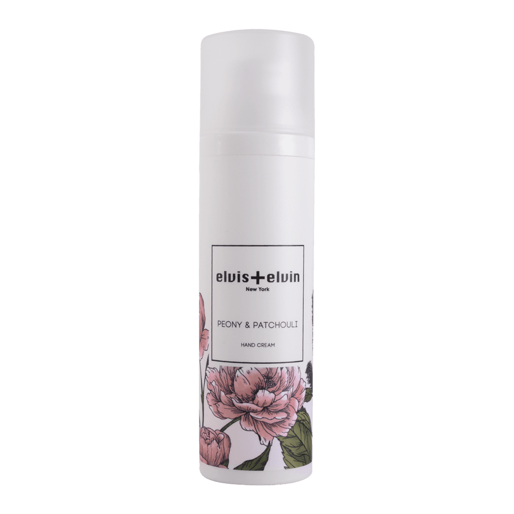 elvis+elvin hand cream bottle, white with peony & patchouli label