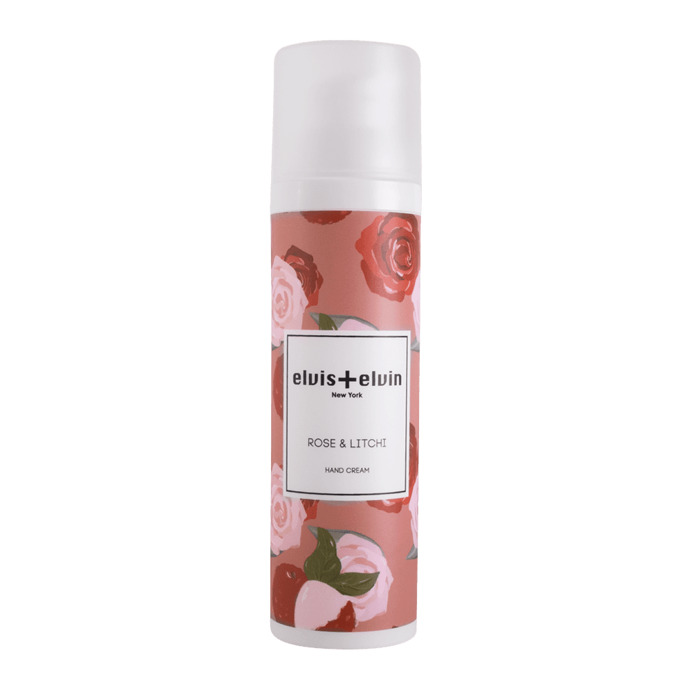 Rose & litchi hand cream bottle with white cap, floral label, elvis+elvin