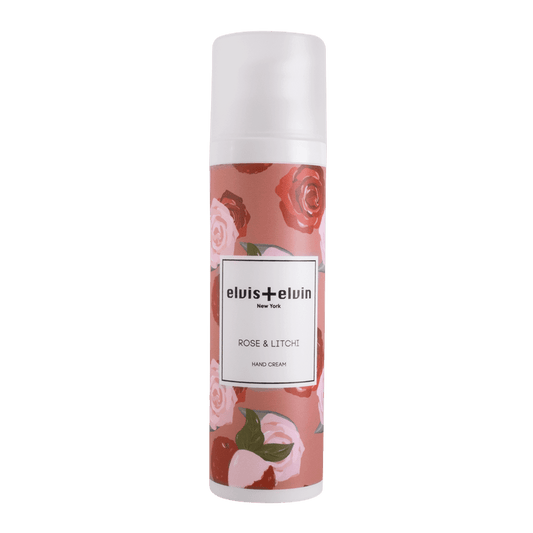 Rose & litchi hand cream bottle with white cap, floral label, elvis+elvin