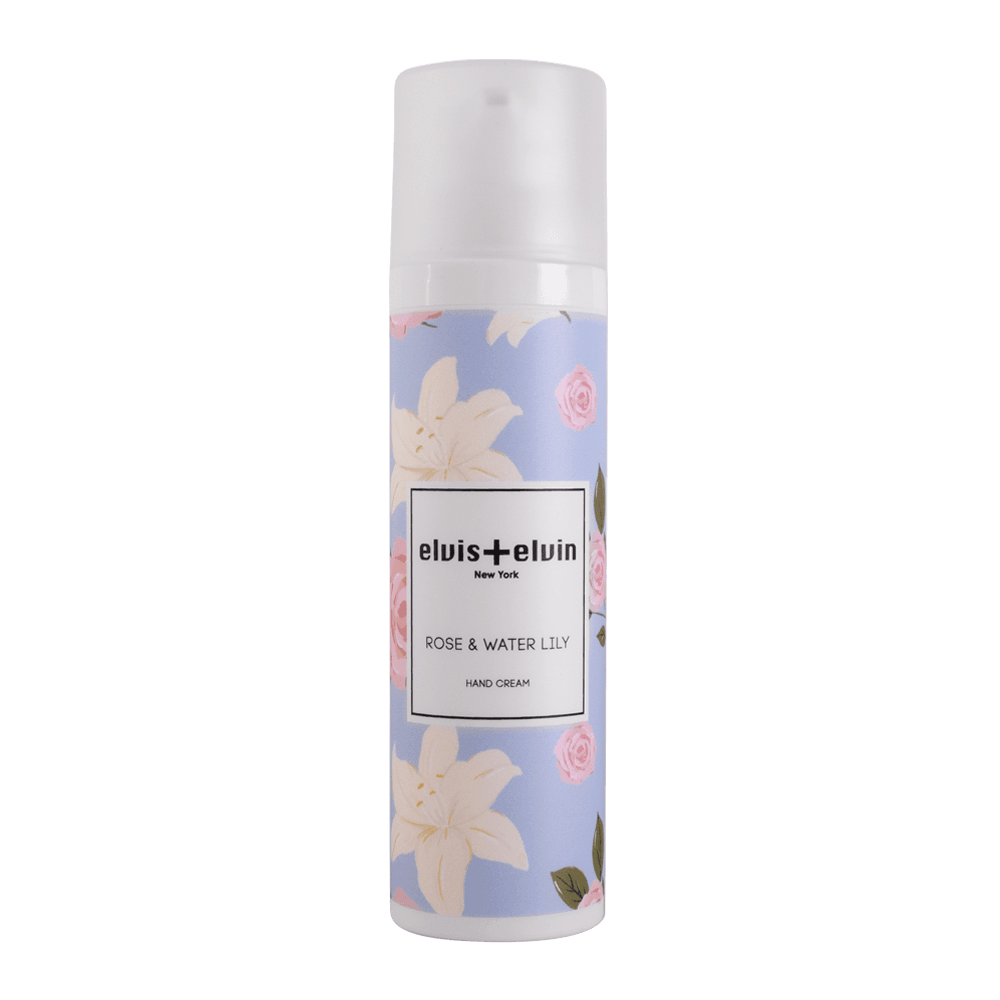 Rose & Water Lily hand cream bottle, light blue floral print, white cap