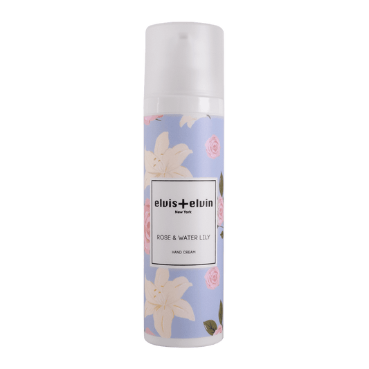 Rose & Water Lily hand cream bottle, light blue floral print, white cap