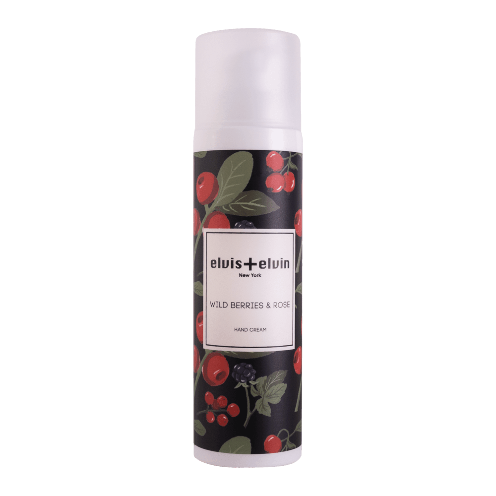 Hand cream spray bottle with pink cap and wild berry rose label, elvis+elvin