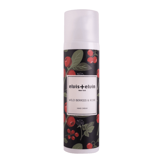 Hand cream spray bottle with pink cap and wild berry rose label, elvis+elvin