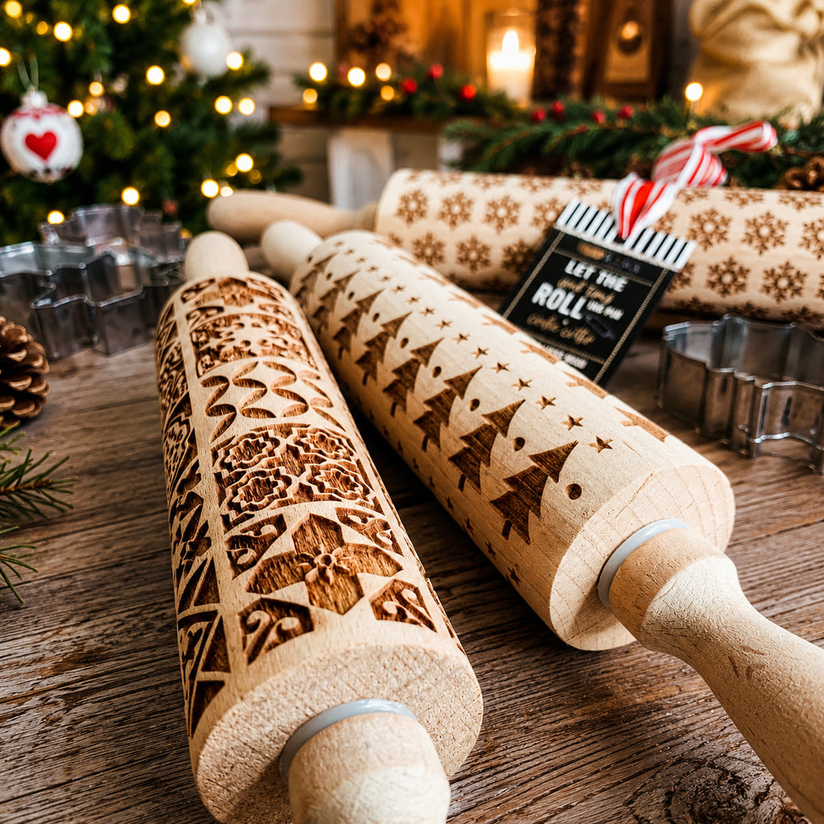 Decorative rolling pin pair with wood handles and brown holiday-pattern sleeves