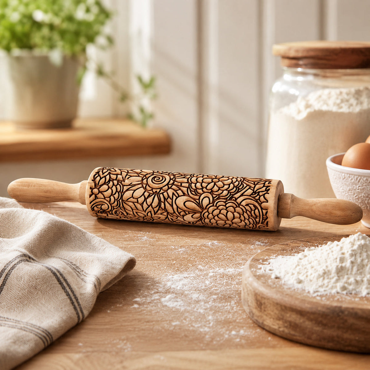 Single decorative rolling pin with wood handles and brown floral-pattern sleeve
